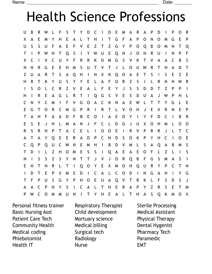 Health Science Professions Word Search WordMint