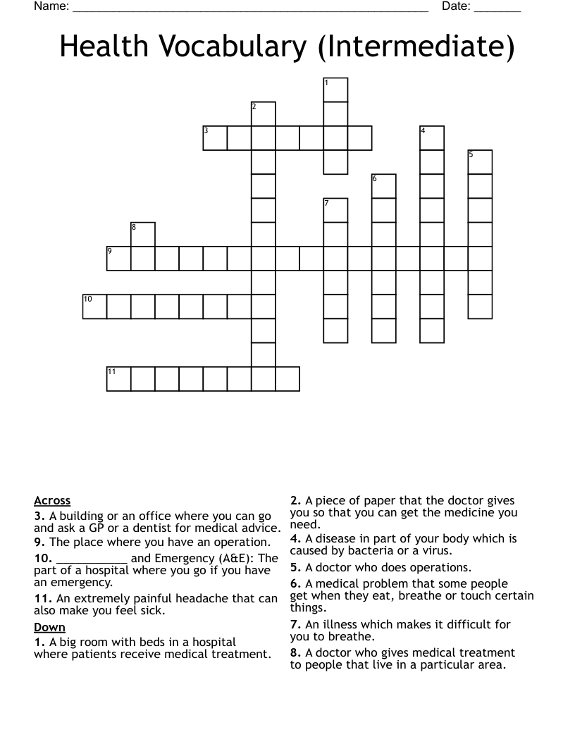 Health Vocabulary (Intermediate) Crossword