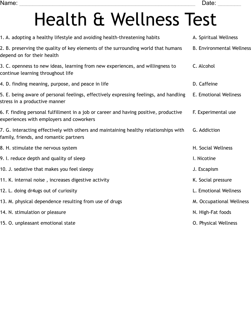 Health & Wellness Test Worksheet - WordMint