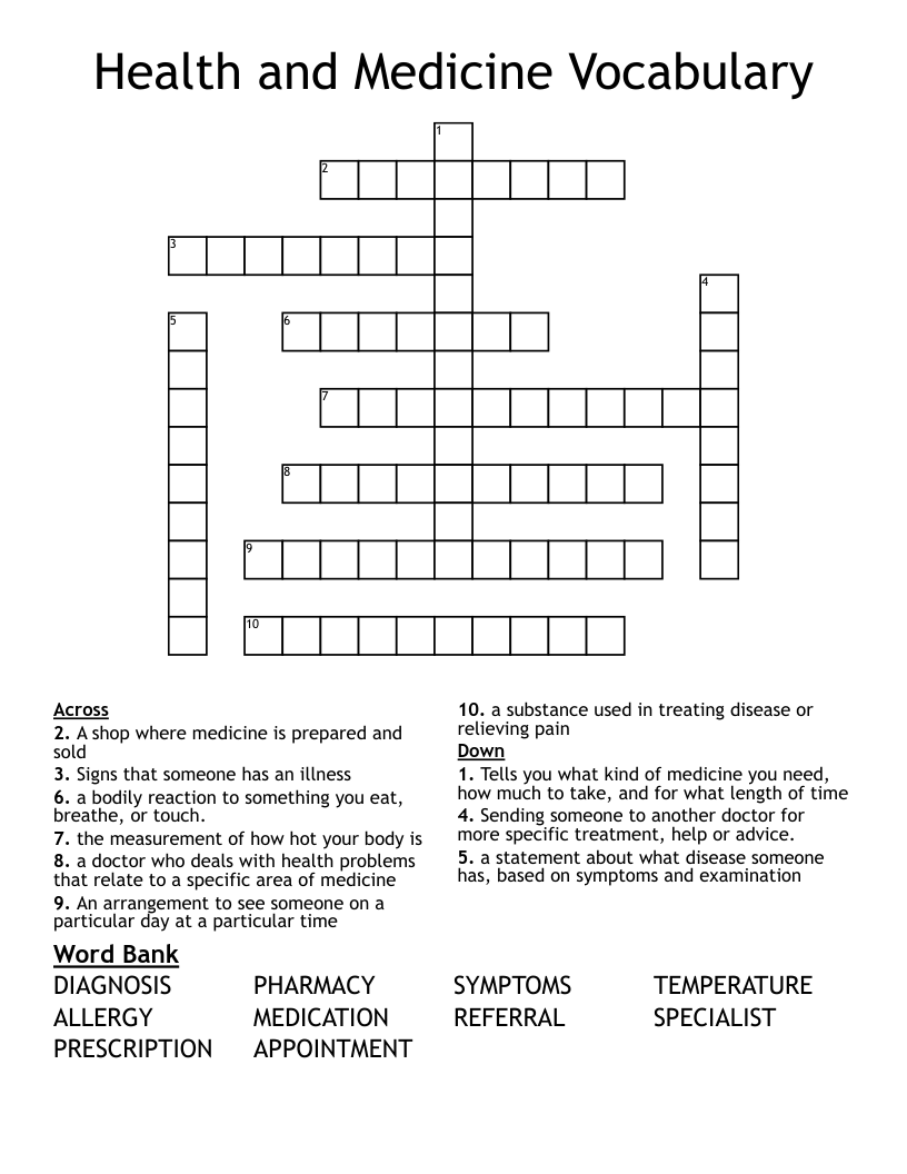 Health and Medicine Vocabulary Crossword