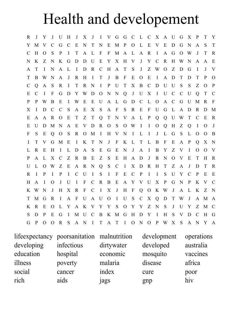 Health and developement  Word Search