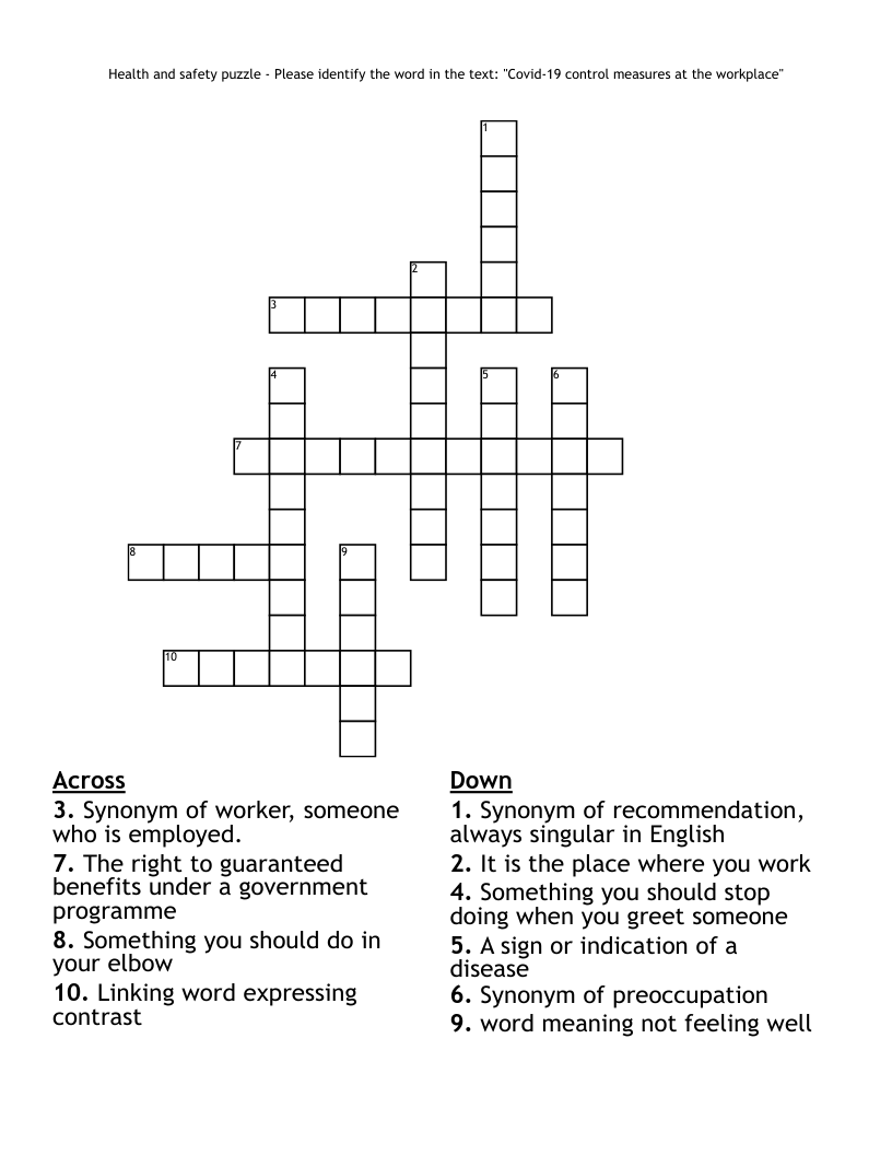Health and safety puzzle   -       Please identify the word in the text: "Covid-19 control measures at the workplace"