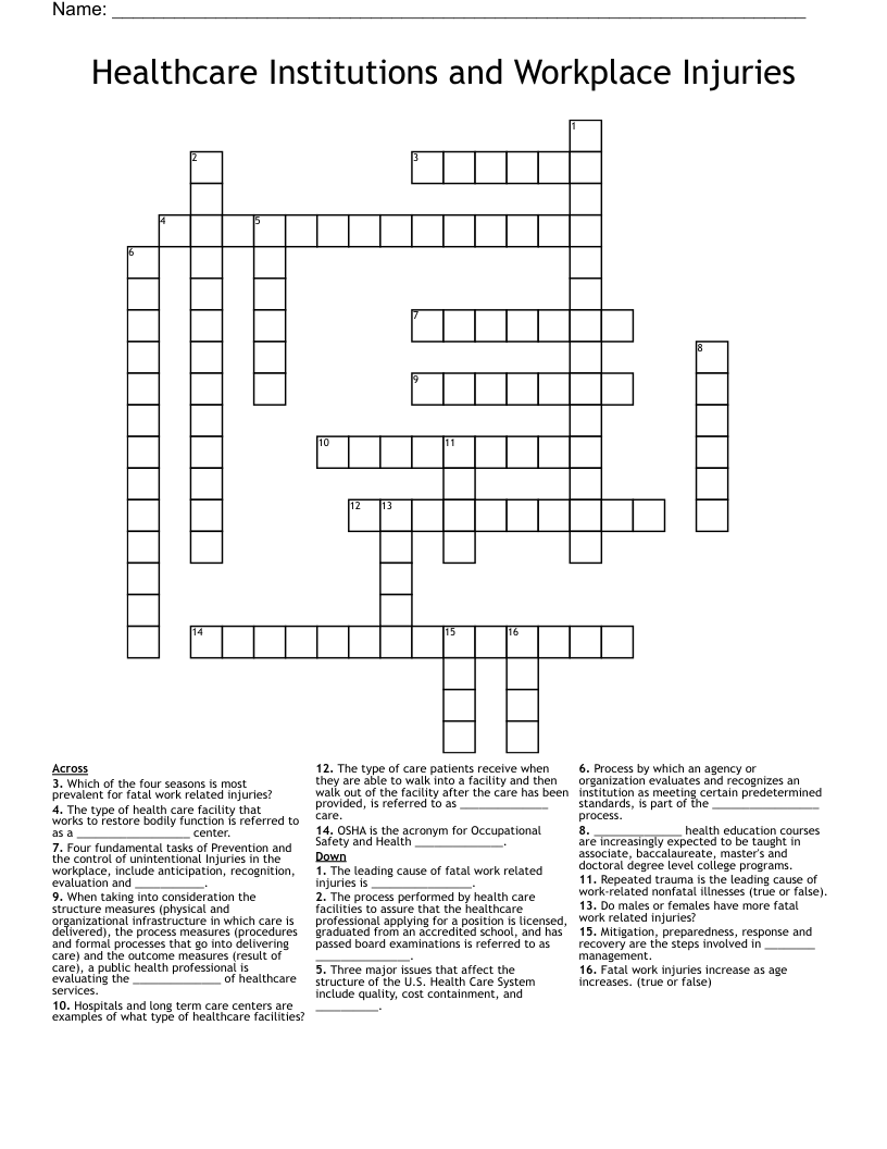 Healthcare Institutions and Workplace Injuries Crossword