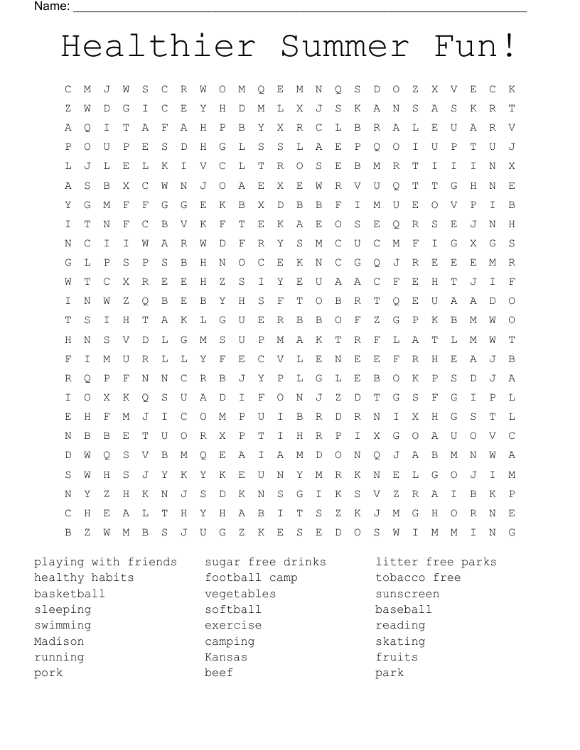 Healthier Summer Fun! Word Search
