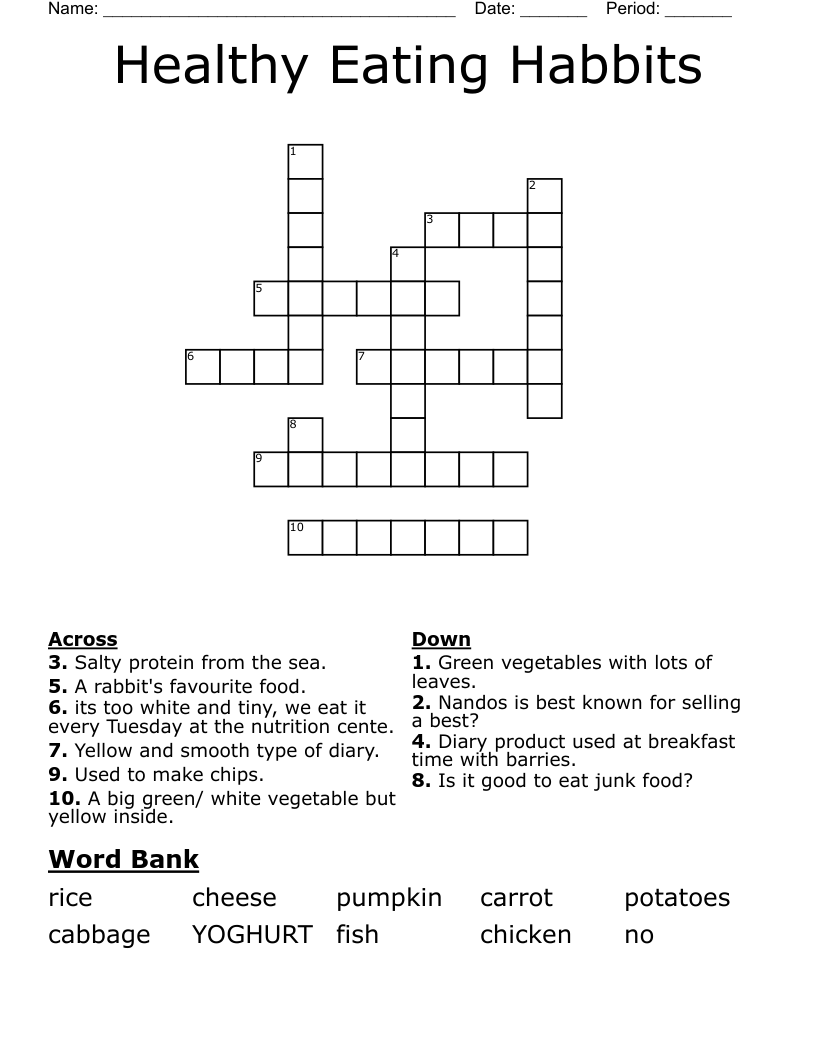 Healthy Eating Habbits Crossword