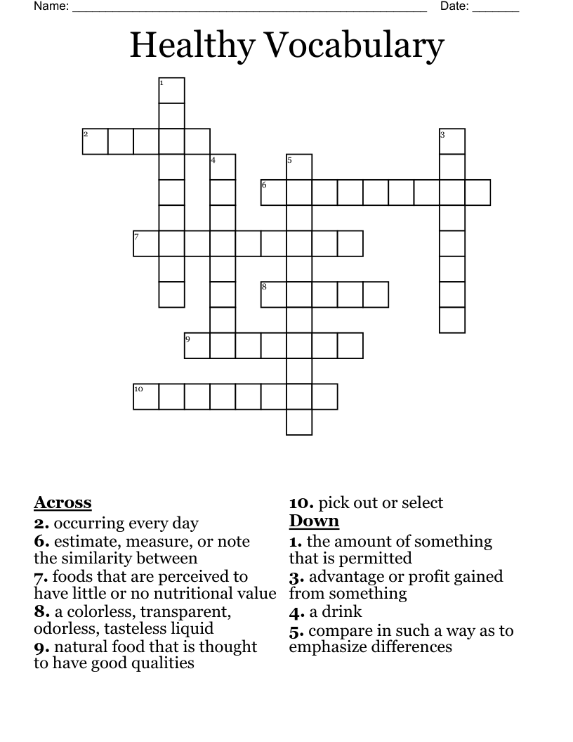 Healthy Vocabulary Crossword