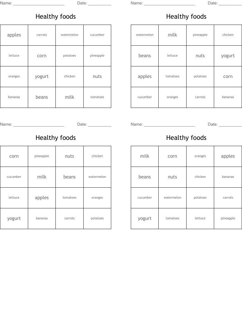 Healthy foods Bingo Cards