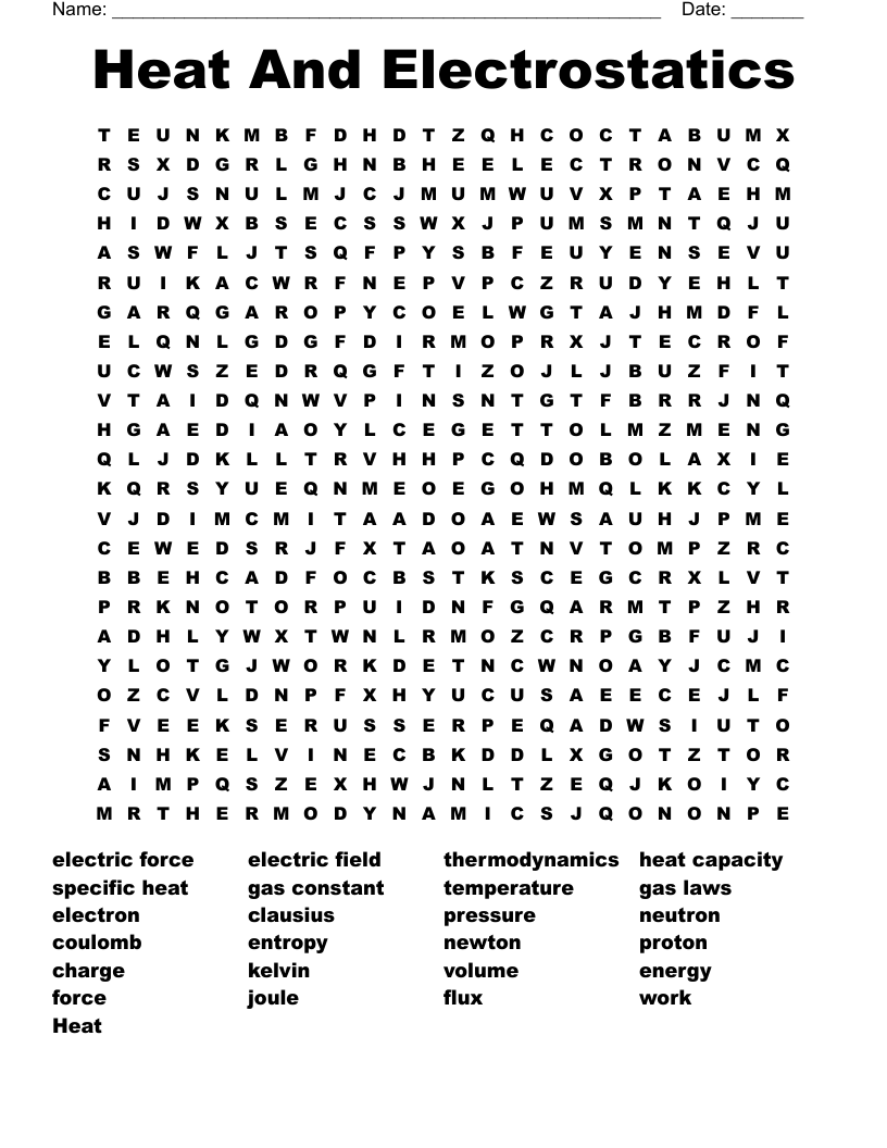 Heat And Electrostatics Word Search
