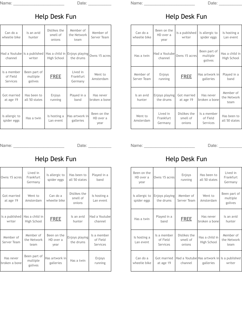 Help Desk Fun Bingo Cards