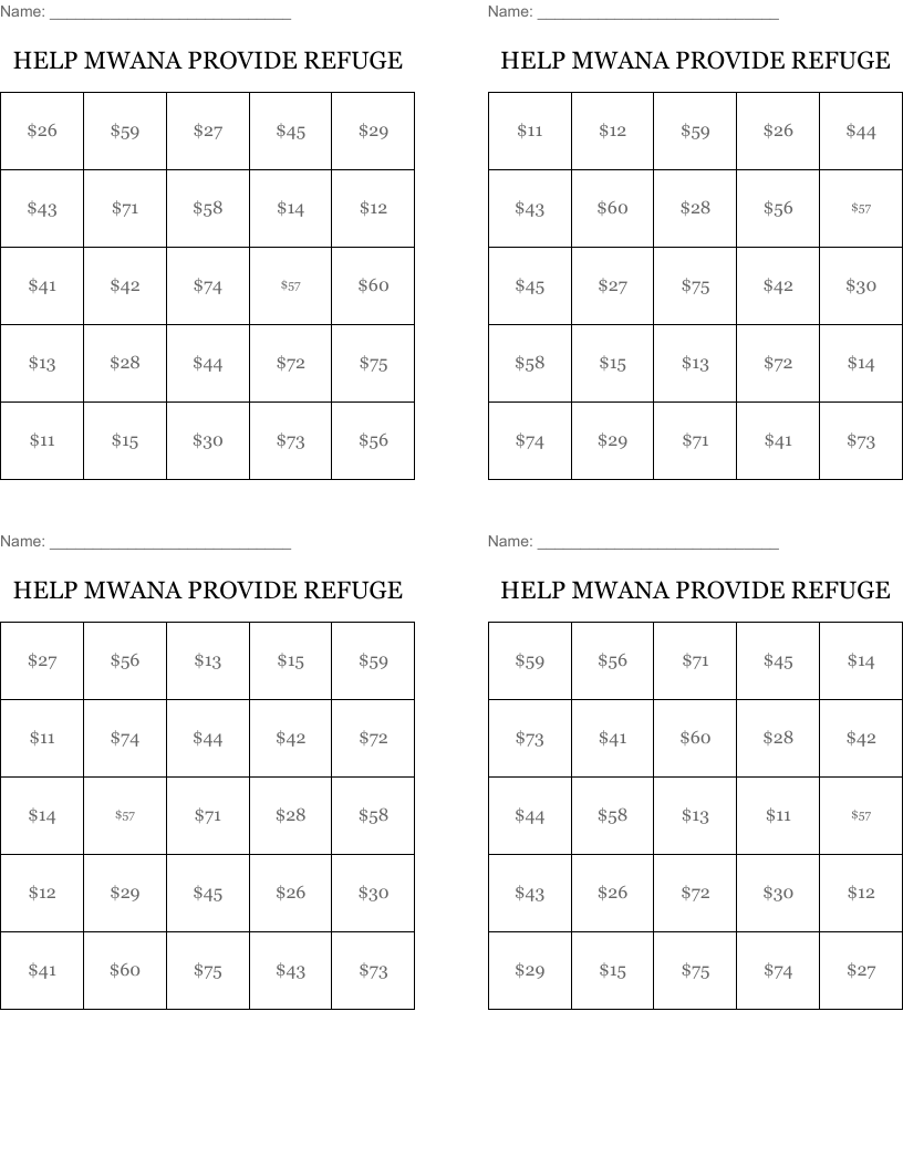 HELP MWANA PROVIDE REFUGE Bingo Cards