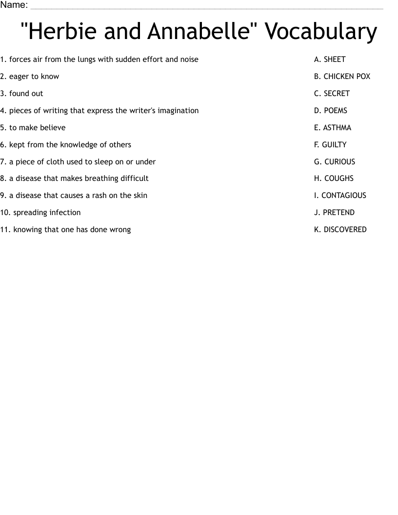 "Herbie and Annabelle" Vocabulary Worksheet