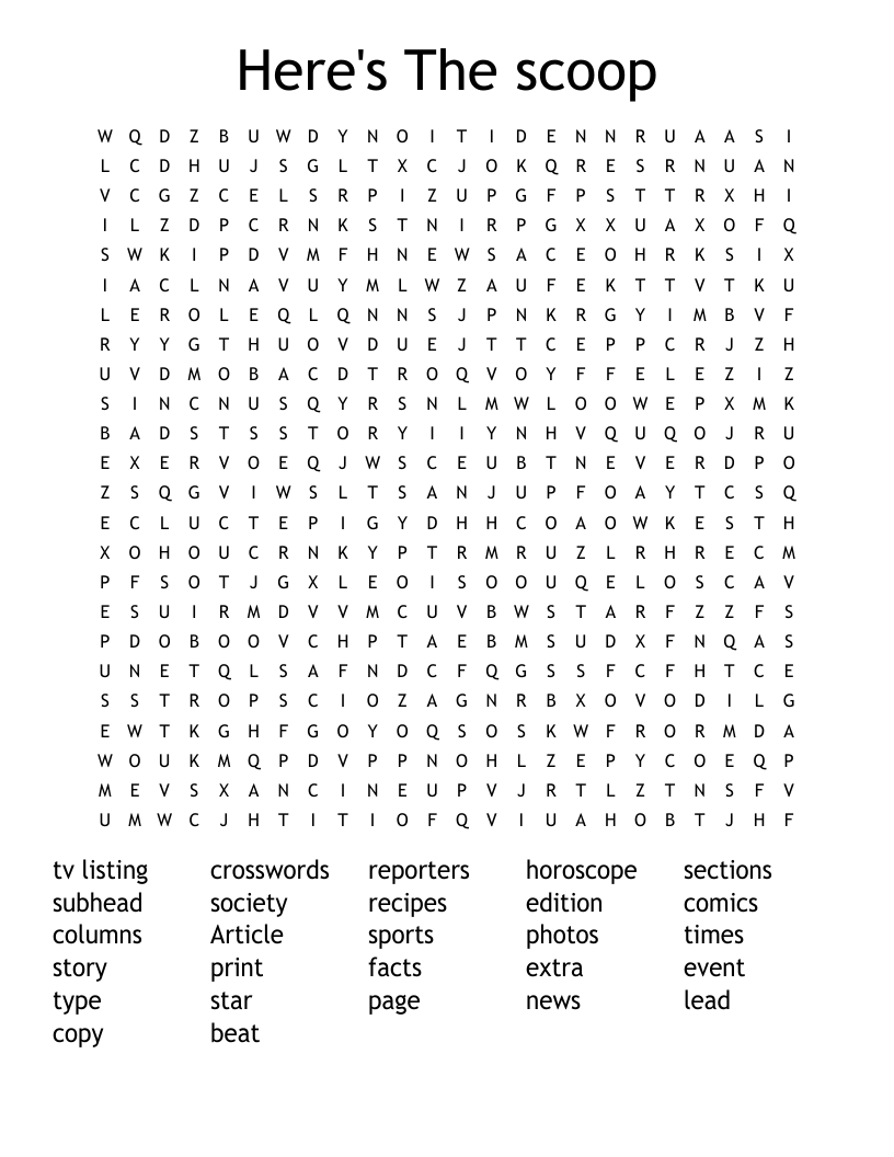 Here's The scoop Word Search WordMint