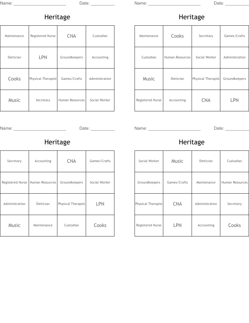 Heritage Bingo Cards