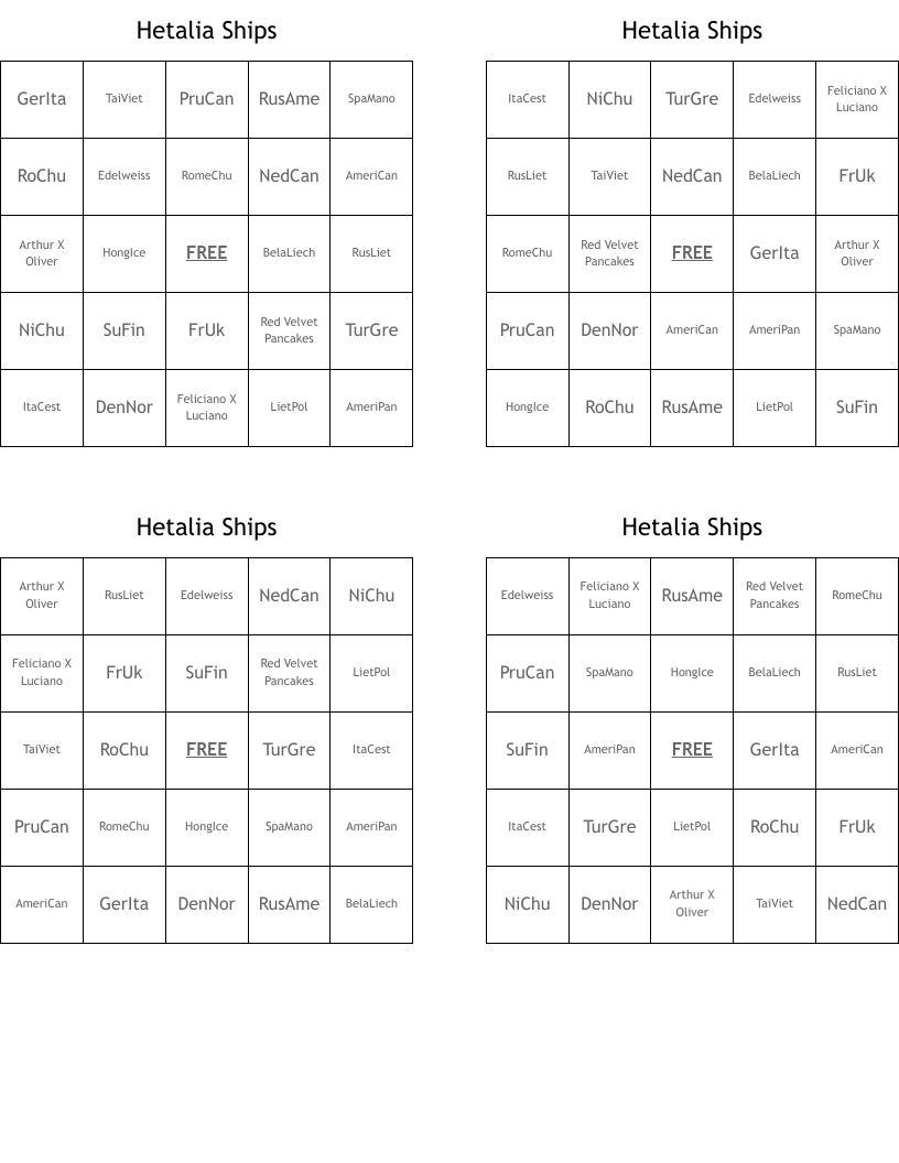 Hetalia Ships Bingo Cards
