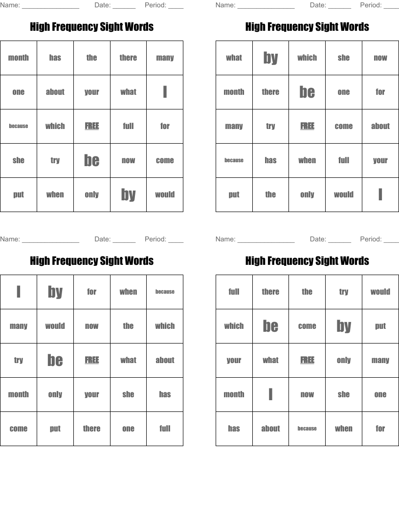 High Frequency Sight Words Bingo Cards
