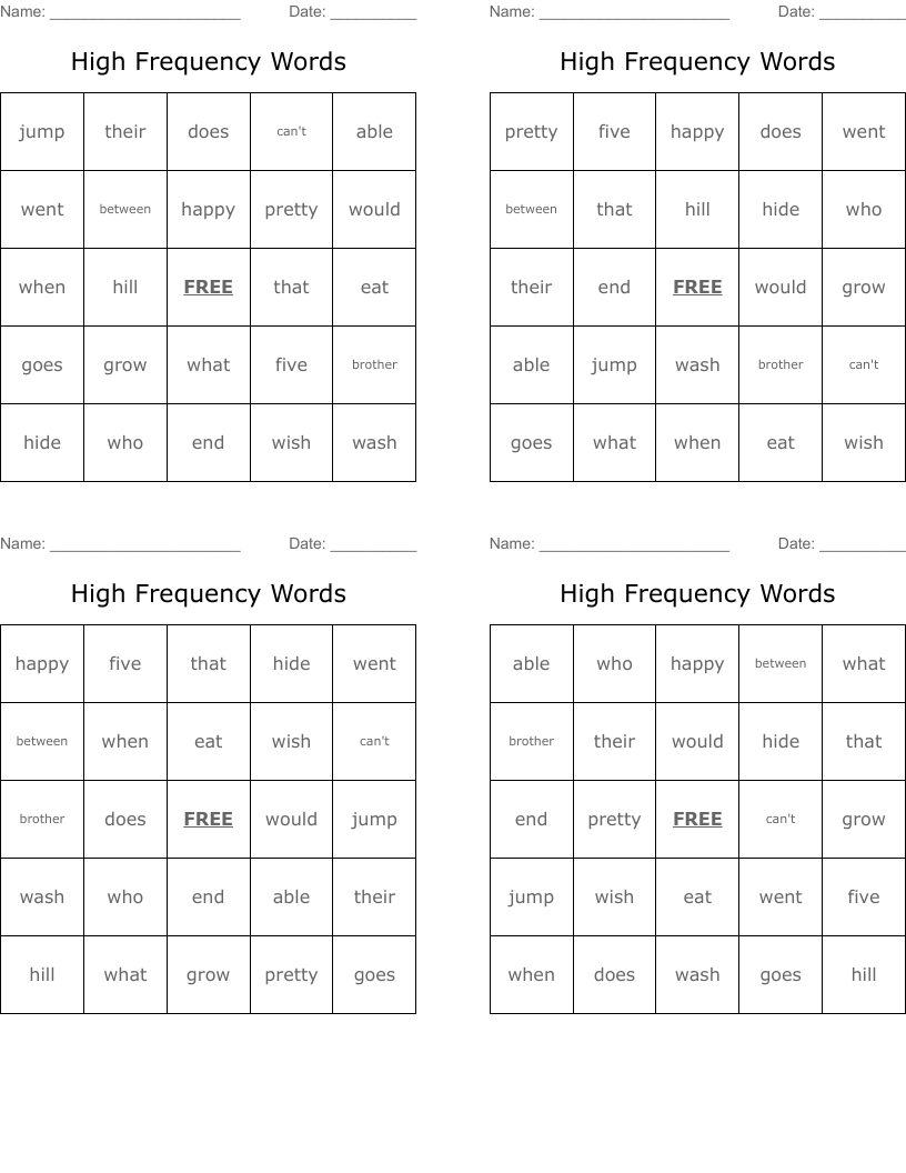 High Frequency Words  Bingo Cards