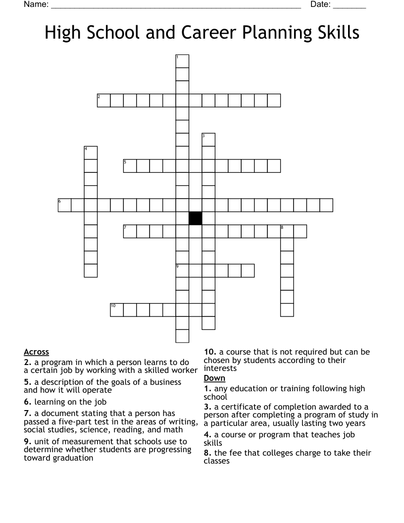 High School and Career Planning Skills  Crossword
