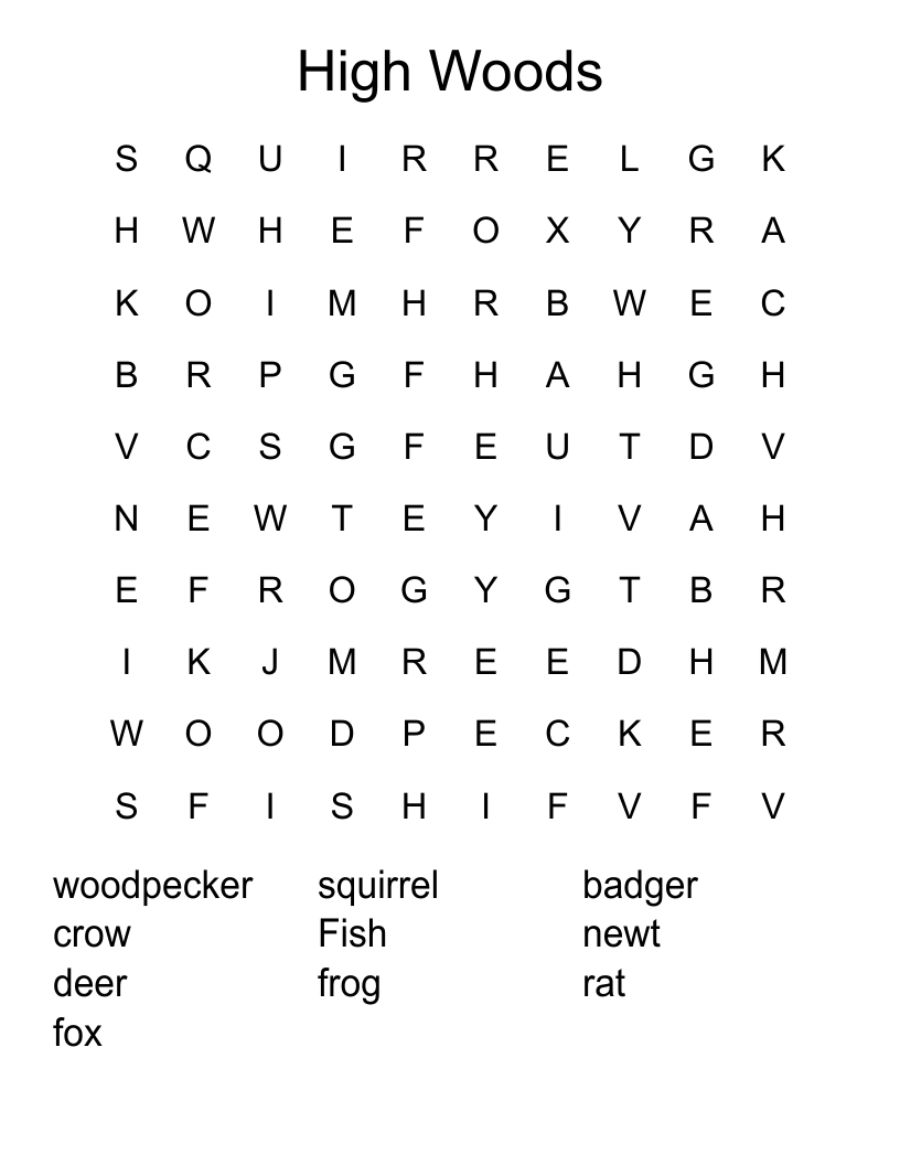 High Woods Word Search