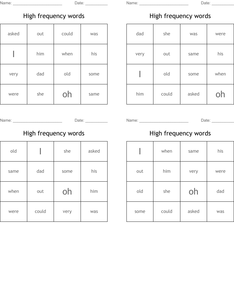 High frequency words Bingo Cards