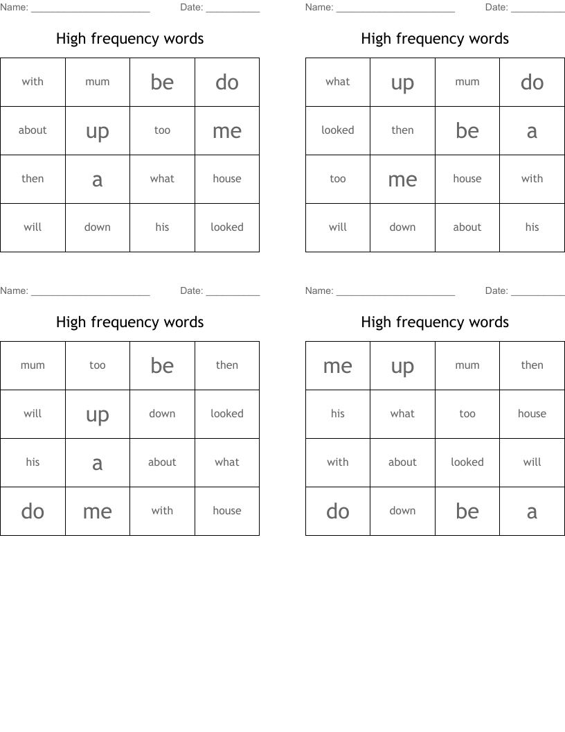 High frequency words Bingo Cards