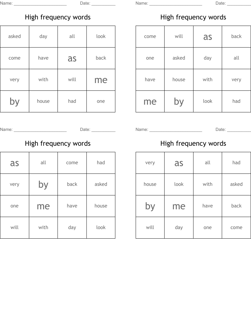 High frequency words Bingo Cards WordMint