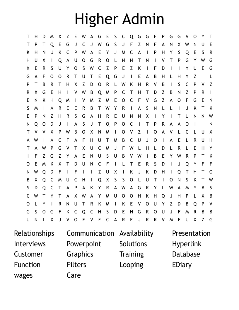 Higher Admin  Word Search