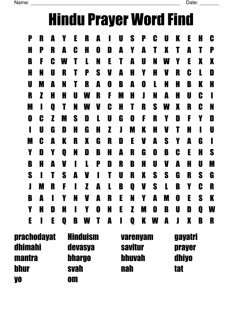 Hindu Prayer Word Find Word Search