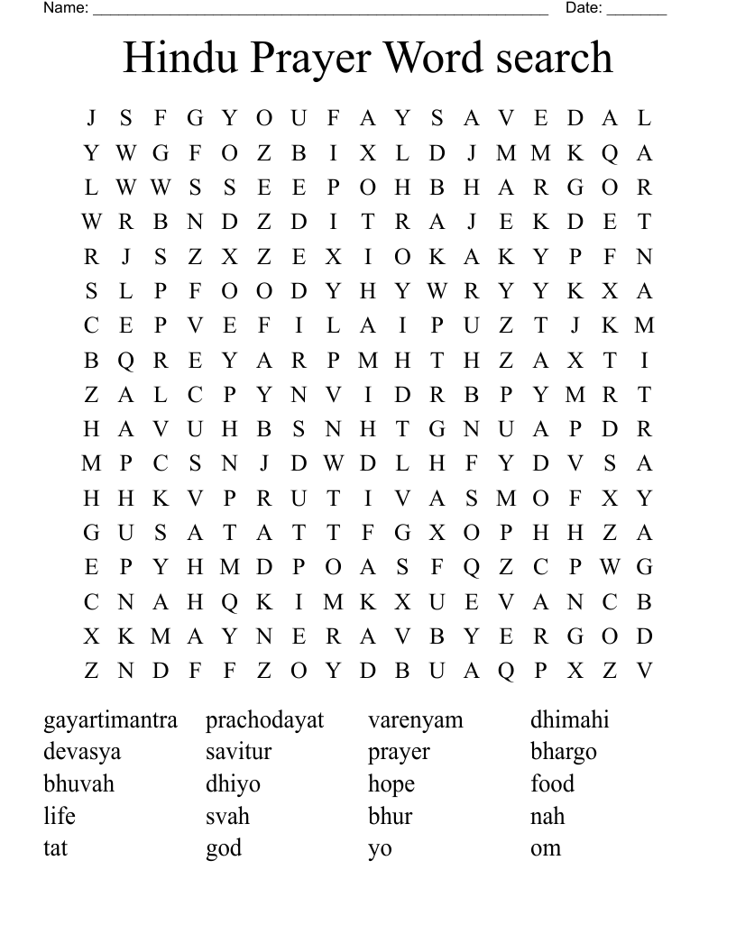 Hindu Prayer Word search 