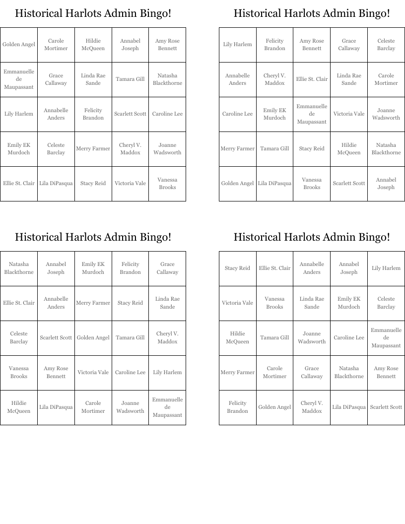Historical Harlots Admin Bingo!