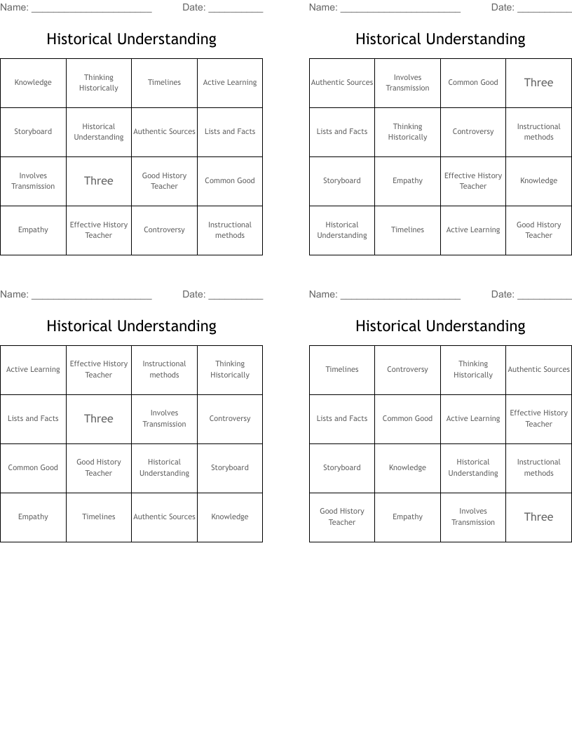 Historical Understanding Bingo Cards