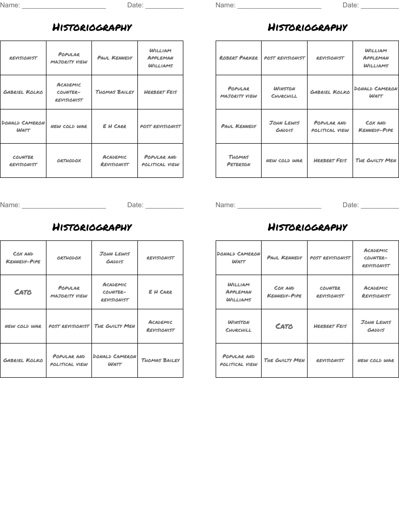 Historiography Bingo Cards