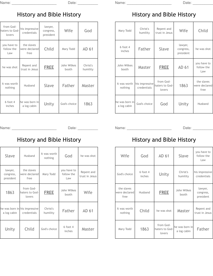 History and Bible History Bingo Cards