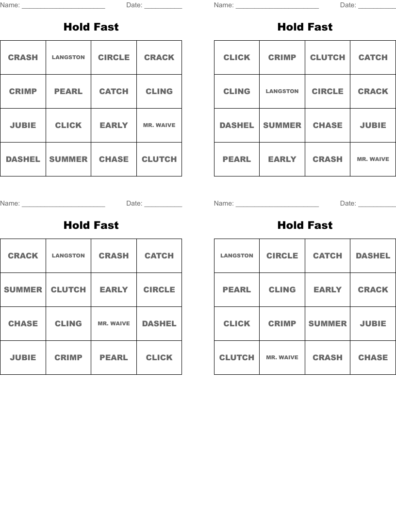 Hold Fast Bingo Cards