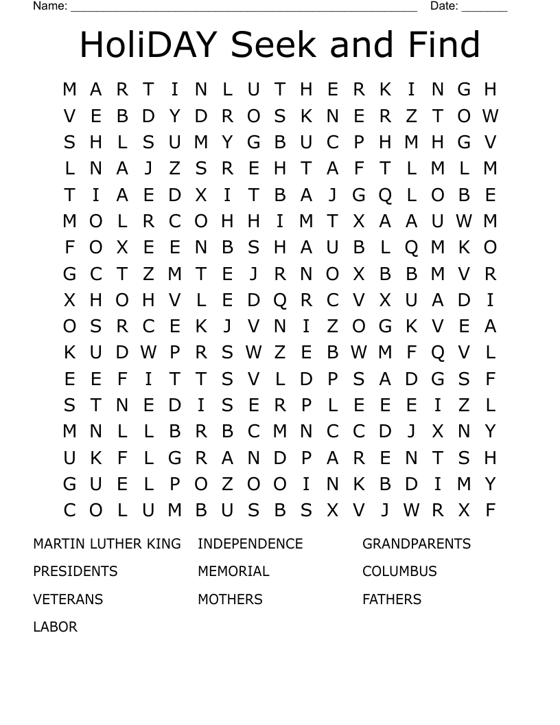 HoliDAY Seek and Find Word Search
