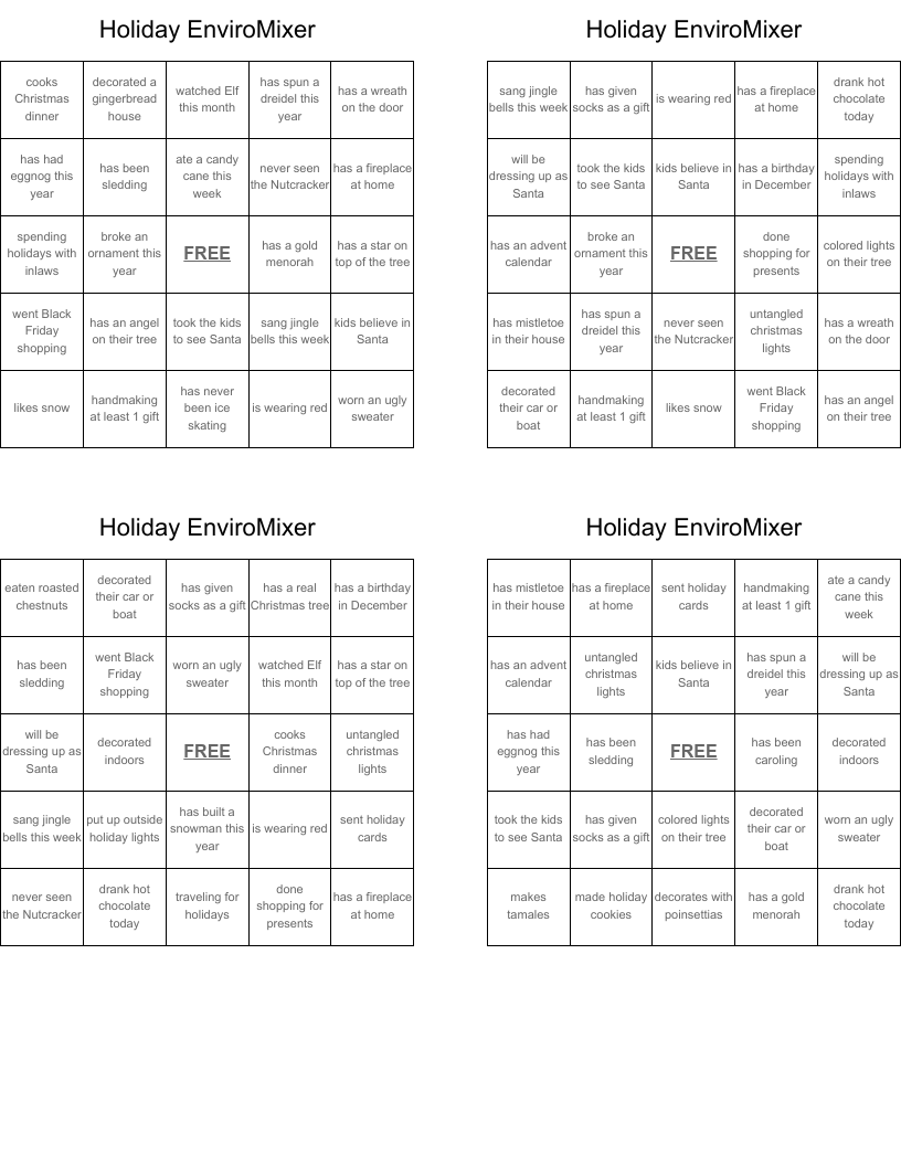 Holiday EnviroMixer Bingo Cards