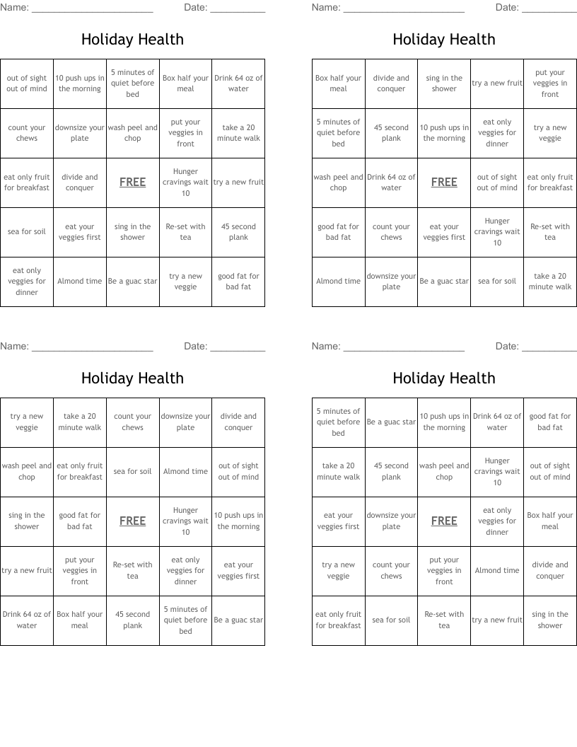 Holiday Health Bingo Cards