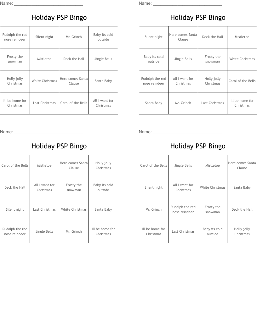 Holiday PSP Bingo