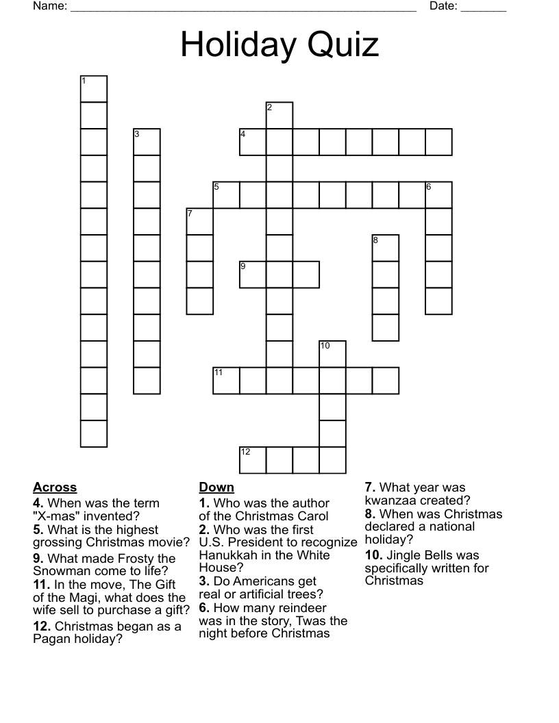 Holiday Quiz Crossword