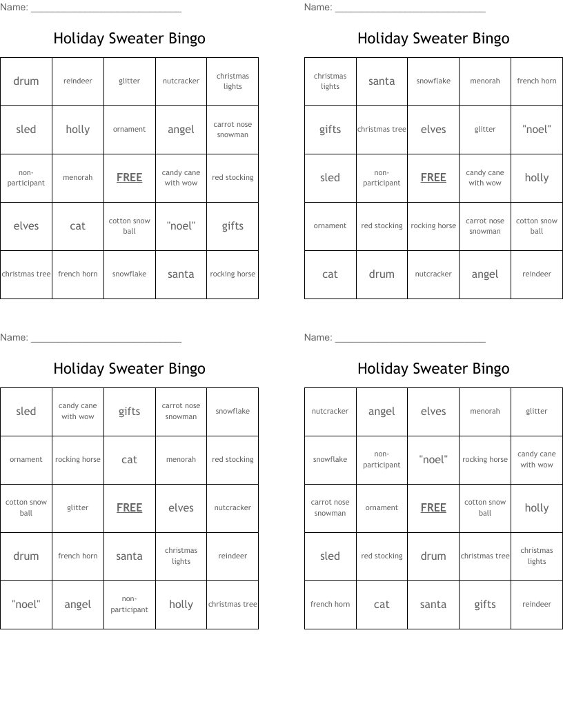 Holiday Sweater Bingo