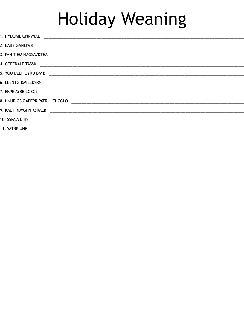 Holiday Weaning Word Scramble