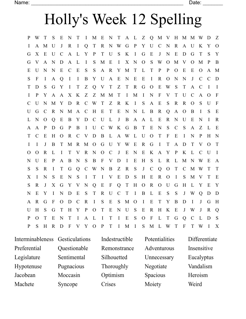 Holly's Week 12 Spelling Word Search - WordMint