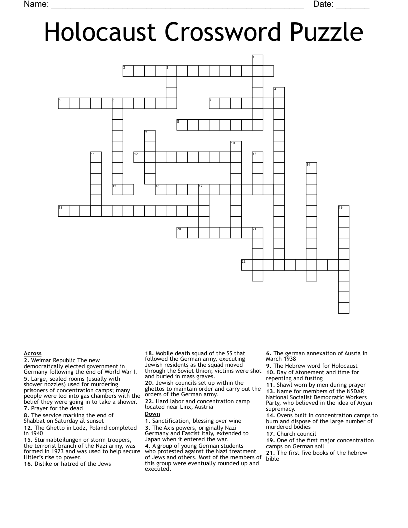 Holocaust Crossword Puzzle WordMint