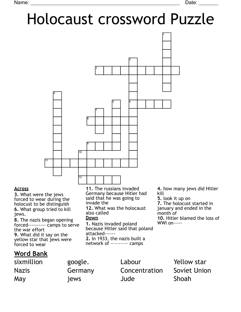 Holocaust Crossword Puzzle WordMint