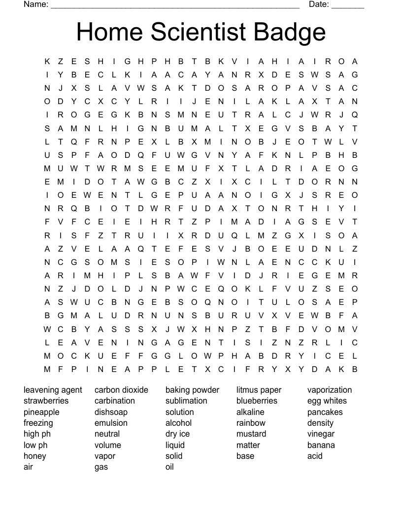 Home Scientist Badge Word Search