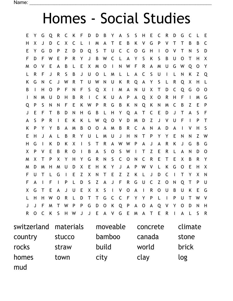Homes - Social Studies Word Search