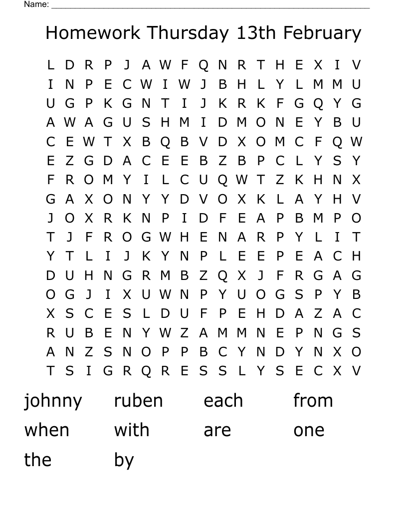 Homework Thursday 13th February 