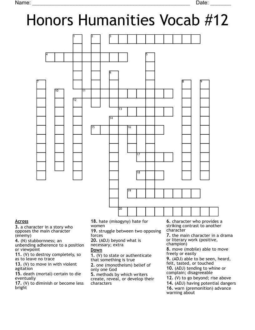 Honors Humanities Vocab #12 Crossword