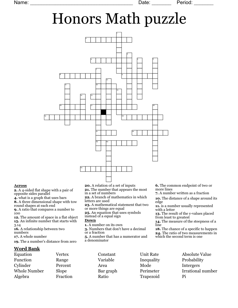 Honors Math puzzle Crossword - WordMint