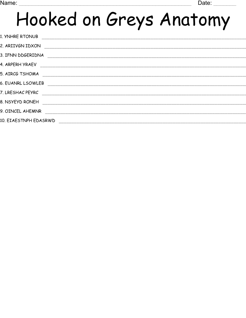 Hooked on Greys Anatomy  Word Scramble