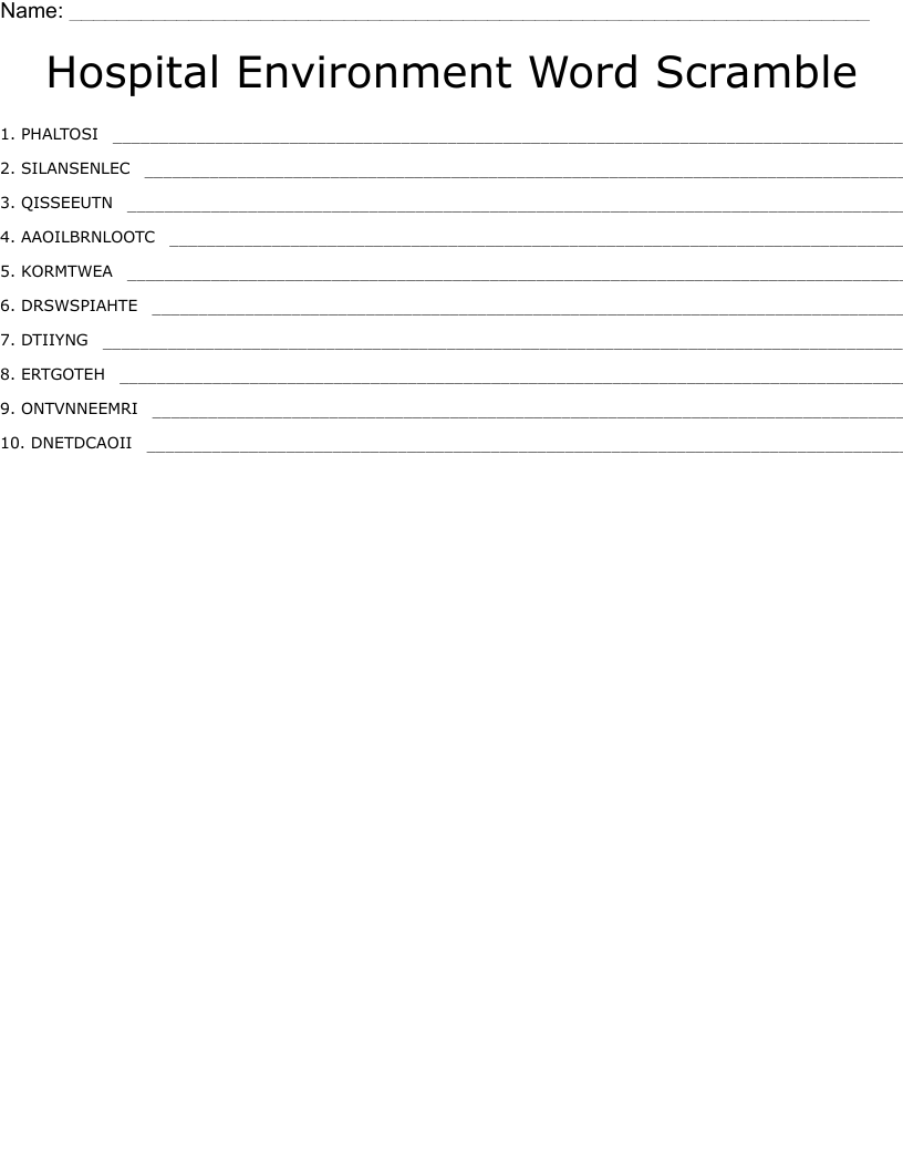 Hospital Environment Word Scramble